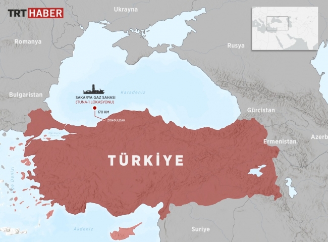 Zonguldak'tan yaklaşık 170 kilometre açıkta yer alan Sakarya Gaz Sahası (Tuna-1 Lokasyonu) Türkiye'nin Karadeniz'de doğalgaz rezervini gerçekleştriği yerdir. Harita: TRT Haber/ Nursel Cobuoğlu